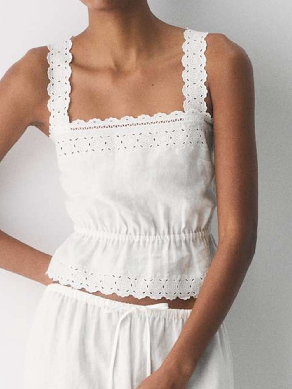 Little Moon White Eyelet Linen Crop Tank Top